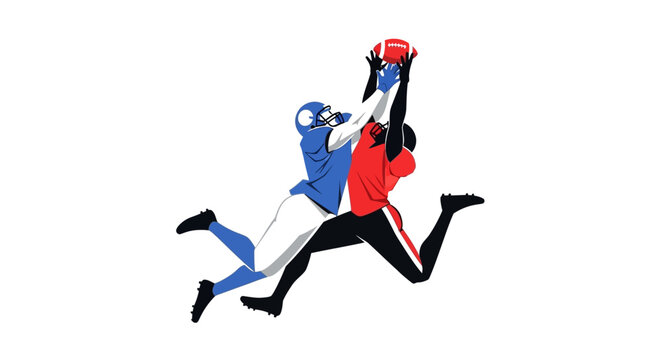 Two football players jumping high to catch a pass.