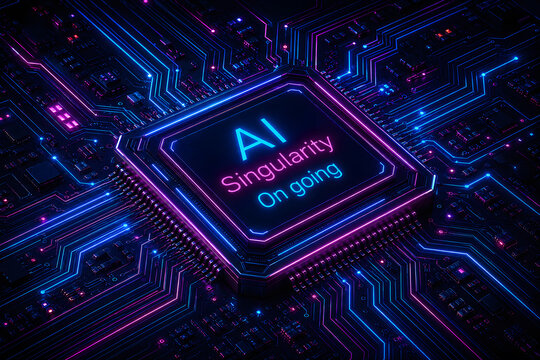 AI Singularity Processor on Futuristic Glowing Circuit Board