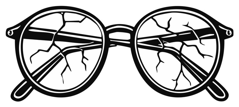 Close-up of broken spectacles with shattered lenses and cracked frames