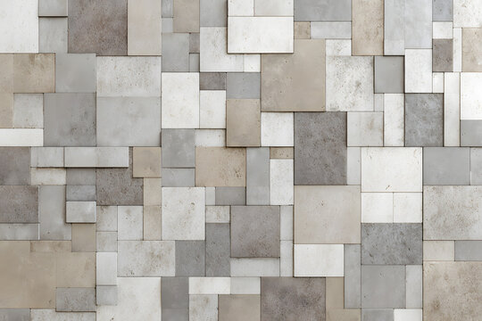The background of the terrace is made up of concrete tiles made of gray grey beige cement, with texture, square rectangle mosaic tiles, and a seamless pattern.