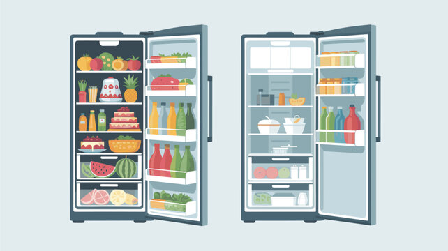 Comparative illustration showing two open refrigerators with one stocked full of groceries and the other mostly empty on a light background.