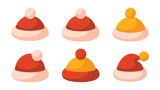 Selection of red and orange winter beanies with white pom-poms arranged in a grid against a plain white background for design.