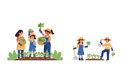 Fototapeta premium People gardening and harvesting plants together outdoors