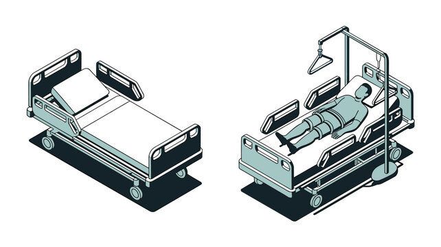 Isometric illustration showing two variations of a medical hospital bed with one being empty and the other occupied by a male patient.