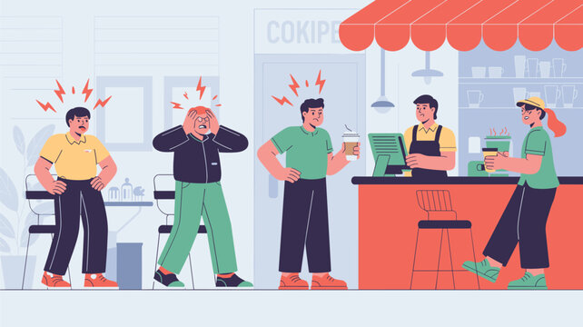Humorous illustration of people with visible stress or headaches waiting in a long line at a coffee shop to get their drinks.
