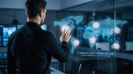 Fototapeta premium Cybersecurity expert monitoring global network infrastructure protection on a digital holographic interface