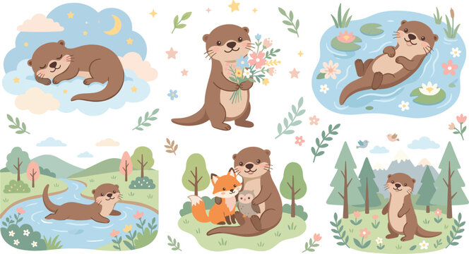 Cute otter vector element set featuring sleeping on cloud holding flowers swimming with fox and owl friends in nature background