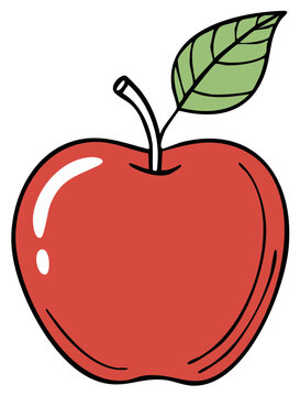 Illustration of a stylized red apple with a leaf and stem on a white background