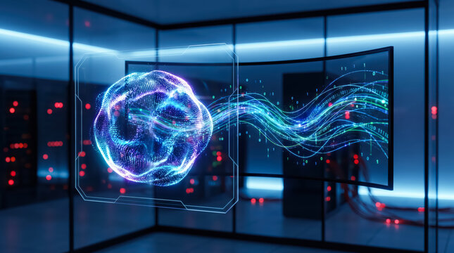 Abstract digital brain representation with data streams and binary code in a modern server room data center