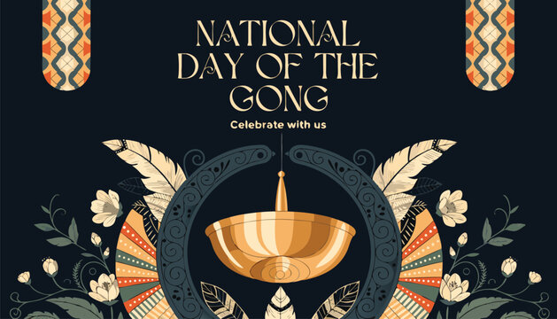 National day of the gong celebration with ornate golden instrument design