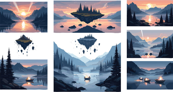 Fantasy mountain landscape vector banner set showing floating islands pine forests rowboats campfire reflections and scenic sunsets