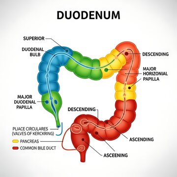 Anatomical diagram of the human duodenum and bile ducts.