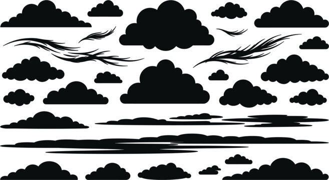 Cloud Silhouette and Outline Vector Icon Set Featuring Fluffy Cumulus Shapes Storm Stratus Clouds and Wind Breeze Line Elements for Weather Overlays and Cartoon Designs