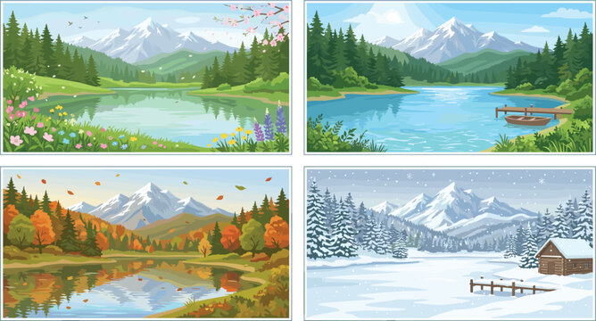 Four seasons mountain landscape banner set showing spring blossoms summer lake autumn foliage and winter snow vector illustrations