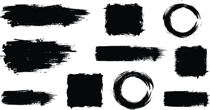 Black brush stroke rectangles squares and circles abstract grunge textures backgrounds design elements on transparent background.
