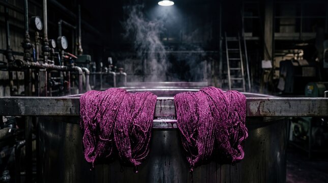 A close-up of purple dyed fabric hanging over a metal table in a dimly lit industrial setting. Steam rises from the surface, creating a moody atmosphere.