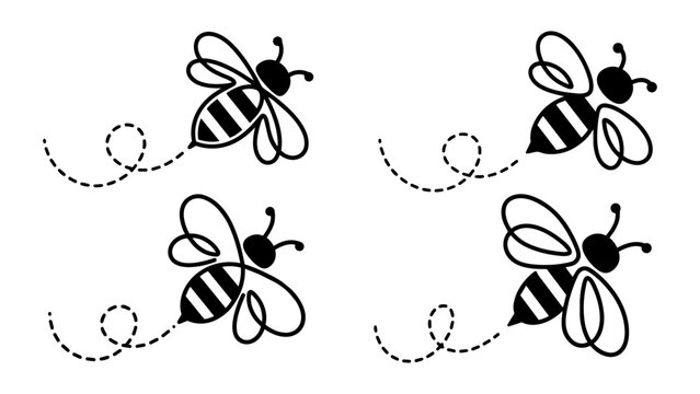 Bee icon set, minimalist black flat honeybee flight path vector