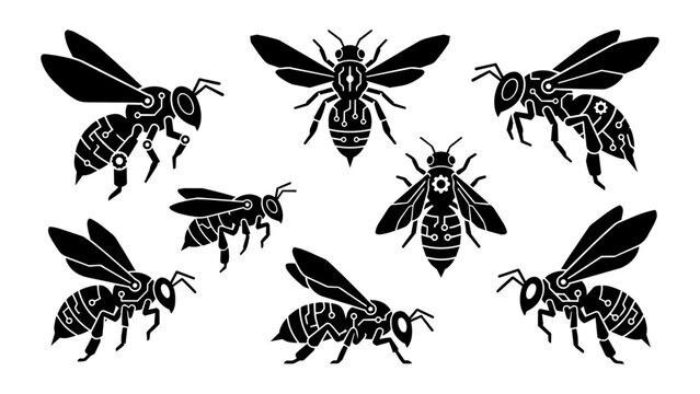 Cybernetic Bee Icon Set, Robotic Insect Vector Graphic for Tech Branding and Modern Logo Design