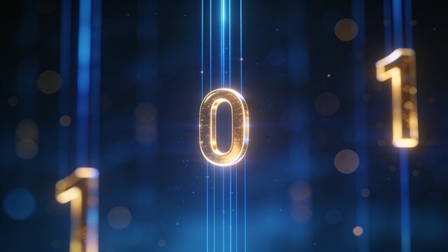 Floating golden binary numbers zero and one in digital technology environment