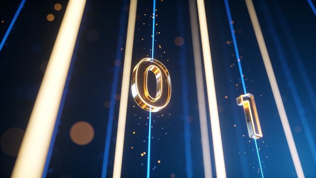 Abstract digital background with floating golden binary digits zero and one