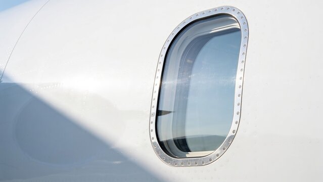 Close-up of an airplane window with a clear view of the sky. The window frame is metallic and the aircraft body is white.