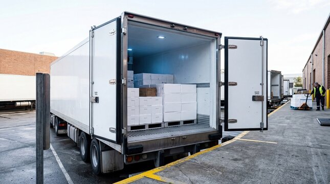 A large white refrigerated truck parked at a loading dock. The back doors are open, revealing stacked boxes inside. The area is well-lit and organized.