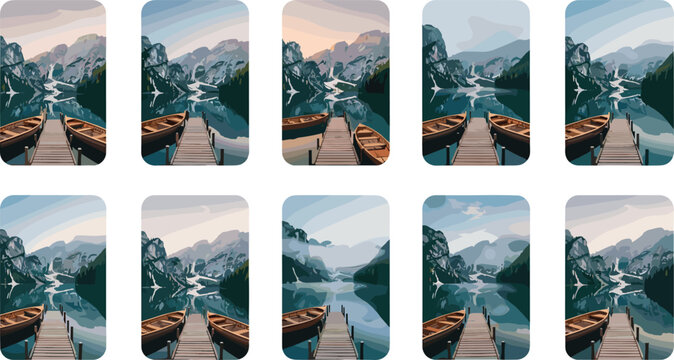 Mountain lake vertical card set with wooden pier rowboats alpine peaks water reflections and changing weather conditions