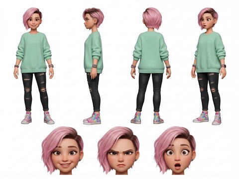 Creative Designer 3D Character Sheet Front Back Side Three Quarter Views Face Expressions Happy Angry Surprised

