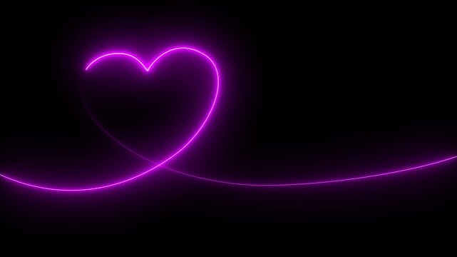 Neon pink glowing heart line animation on black background, for romantic love, concept