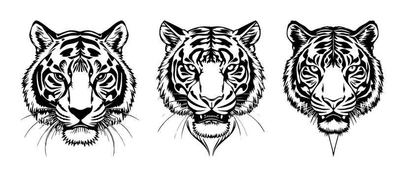 "Futuristic cyberpunk tiger portrait with neon lights, glowing circuits, high contrast, ultra detailed vector illustration, trendy t-shirt graphic design" set with simple line art design featuring ...