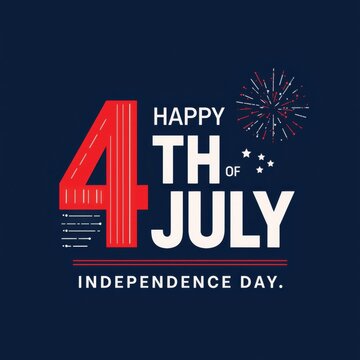 Minimalist happy 4th of july independence day with red number four and stylized fireworks on dark blue