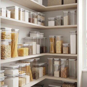 A well organized kitchen pantry with many clear plastic containers filled with dry food on white wooden shelves. spill-resistant containers