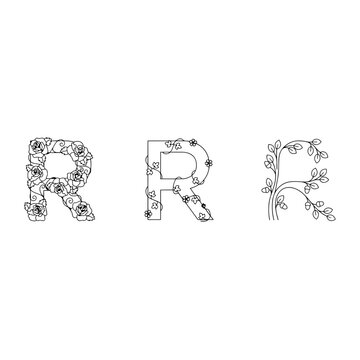 Floral ornament letters rrr a delicate black line vector illustration on a white background flower alphabet