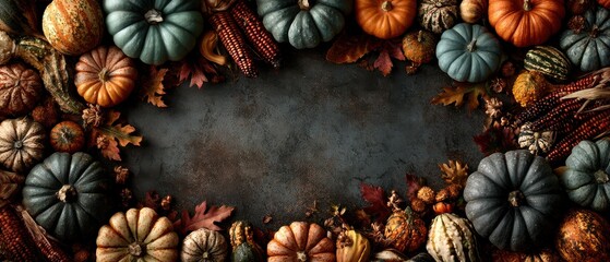 Fototapeta premium Ultra-wide rustic border panorama, dark textured surface, lush boundary of multi-colored pumpkins, gourds, Indian corn, and autumn leaves, vast central space, overhead view