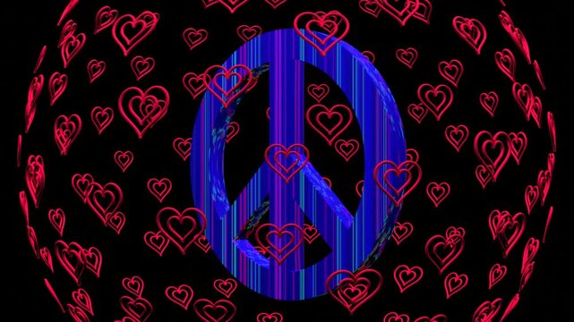 10 seconds large peace blue symbol rotating surrounded by globe of double nested hearts with black background animation screensaver motion graphics love 