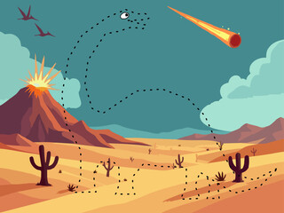 Vector drawing. Connect the dots and color the  dinosaur in desert with meteorite and volcano. Logic game for children with cartoon character.  Illustration for paper coloring book. © TKalinovskaya