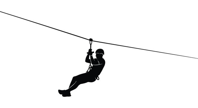 Zipline rider in action a black silhouette against a white background silhouette zip line aerial