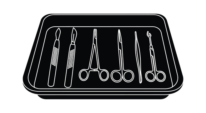 Surgical Instruments Arrangement In A Tray White Line Silhouette scalpel forceps scissors medical tools operating