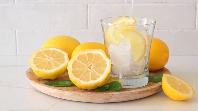 Pouring of a glass of refreshing summer lemonade. Tray with lemons. Side view on a bright background.
