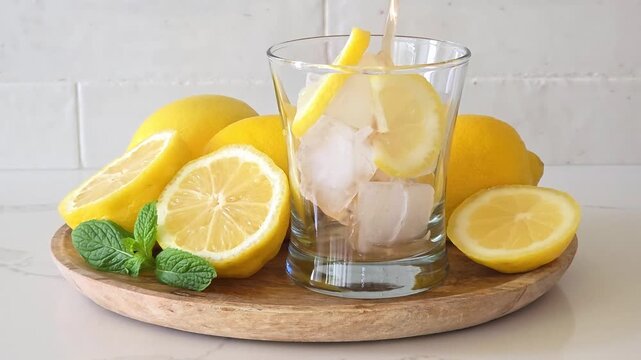 Pouring of a glass of refreshing summer iced tea. Tray with lemons. Side view on a bright background.