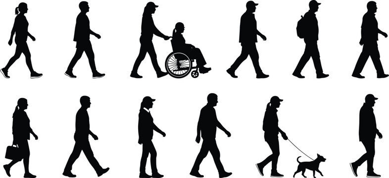 Diverse People Walking Profile Silhouettes and Wheelchair Stick Figures Set