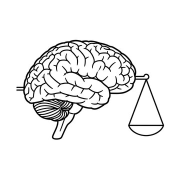 Black and white sketch of human brain with balance scale.