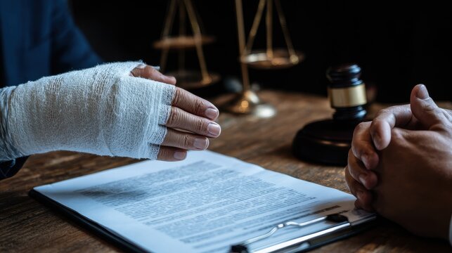 Stunning photo of Man with bandaged hand in legal office with gavel and scales of justice for injury claim