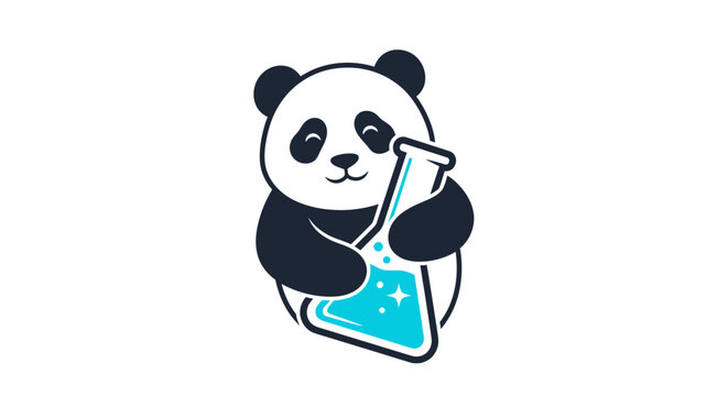 Adorable cartoon panda character cheerfully holding a laboratory flask filled with a vibrant blue liquid, symbolizing fun scientific exploration and discovery for all ages