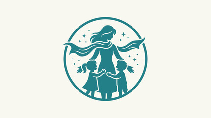 Fototapeta premium Graceful graphic depiction of a nurturing mother figure embracing her children, surrounded by sparkling stars in a circular emblem, symbolizing love, protection, and family connection