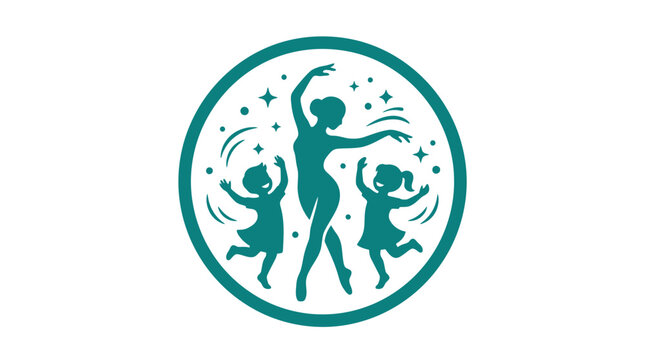 Whimsical illustration of three dancing figures within a circular border, suggesting movement, joy, and performance with a touch of magic and sparkle