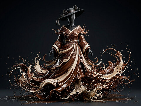A mysterious woman in a brown dress and hat with dynamic liquid splashes around her, creating a sense of movement and drama against a dark background.