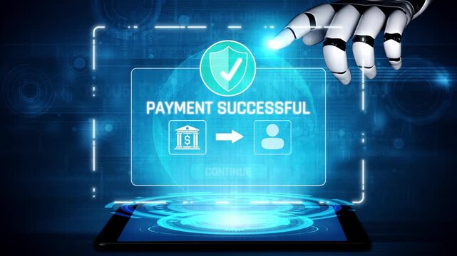 AI confirms secure payment transaction, verifying user identity, processing order, and authorizing completed digital payment within trusted financial systems. Marrow