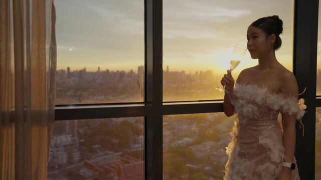 Slow motion smooth push in to elegant Asian woman looking out at golden sunset city skyline enjoying white wine by large panoramic window at luxury indoor penthouse b-roll