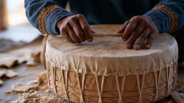 Close-up of a percussion instrument maker's hands tightening the lacing on a hand drum, hide stretched taut over a carved wooden shell, sawdust and hide scraps on the floor, the
